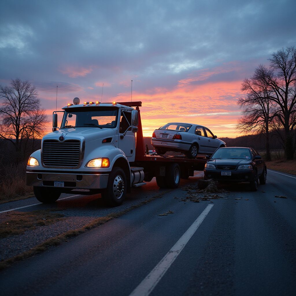 Tow truck loading a car on a road at dusk, with a second car and colorful sky in the background.