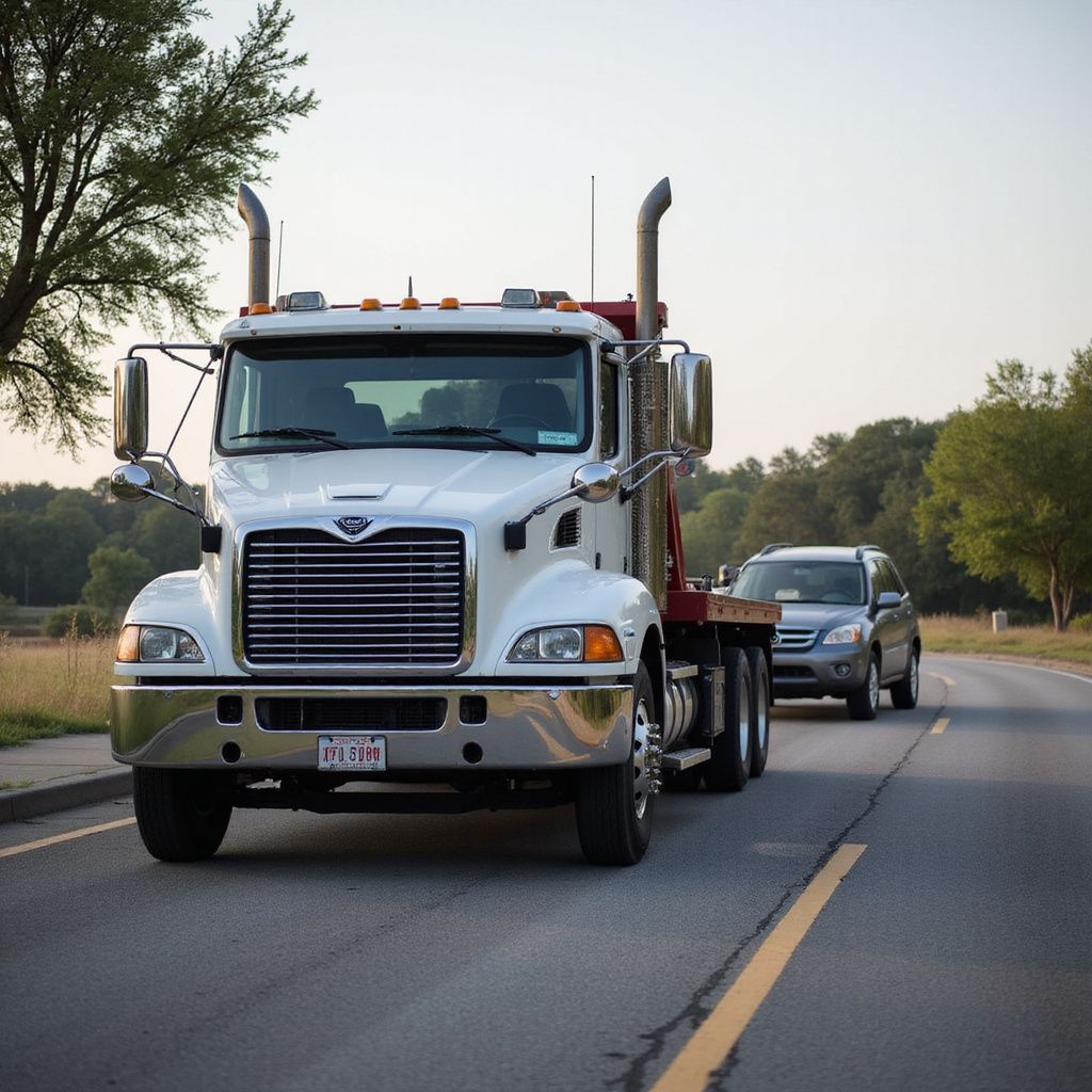 White semi-truck with flatbed on a road, a silver car follows, trees in the background, daytime.