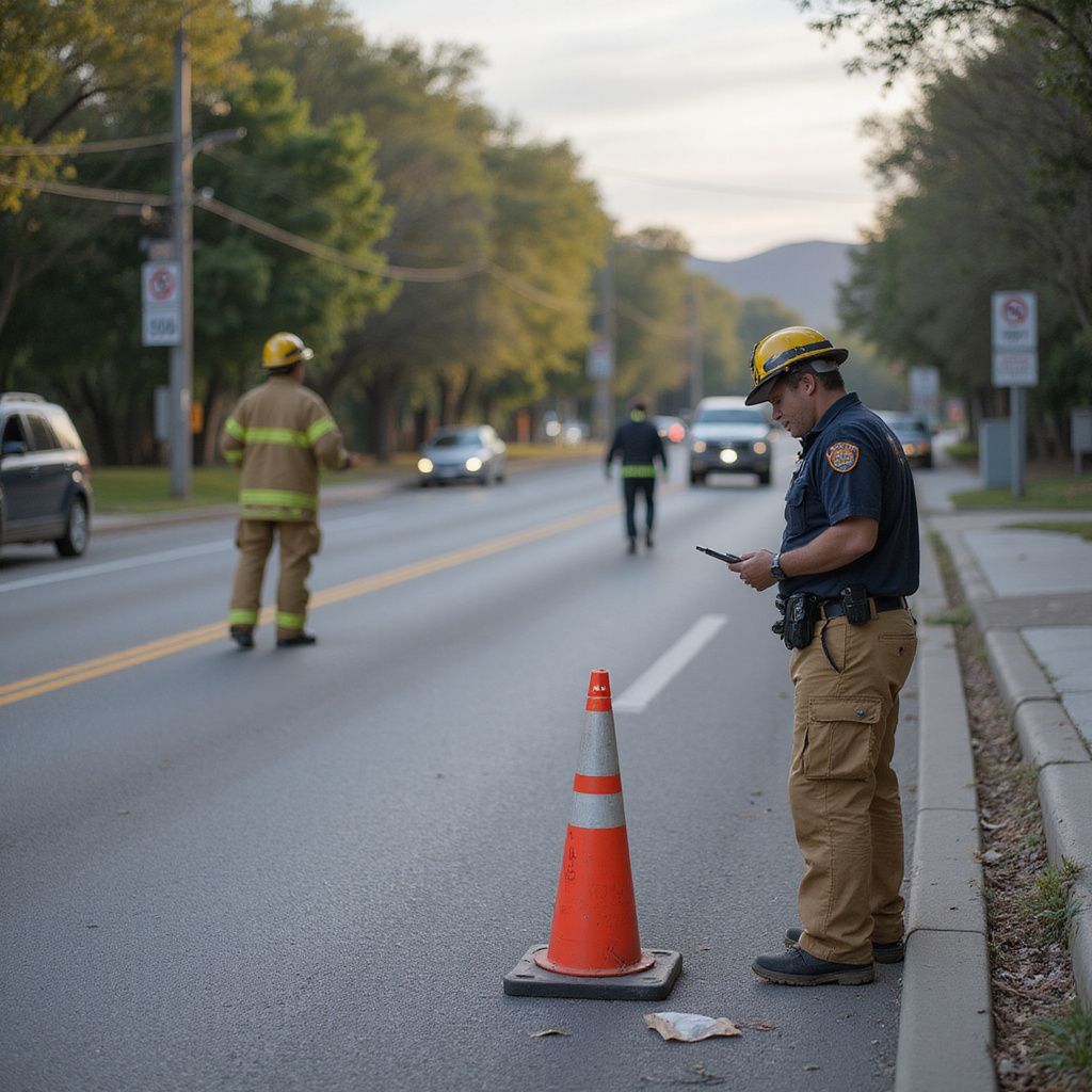 Officer uses a device near a street with a traffic cone; a firefighter stands further down the road, with cars
