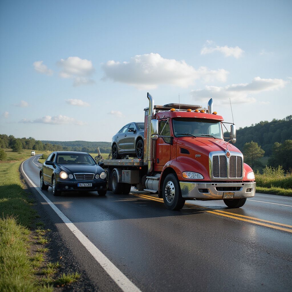 Tow truck hauling a car on a rural road under a blue sky with fluffy clouds.