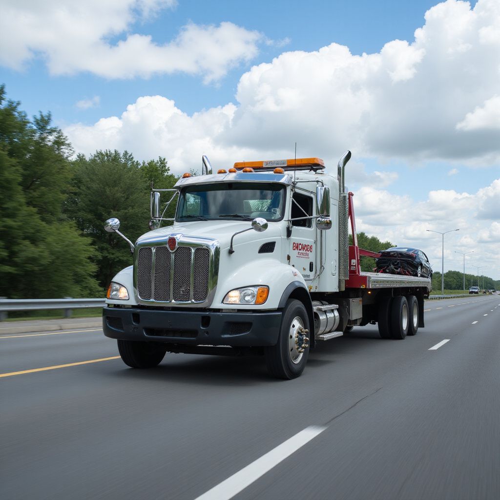 White tow truck hauling a car on a highway under a partly cloudy sky.