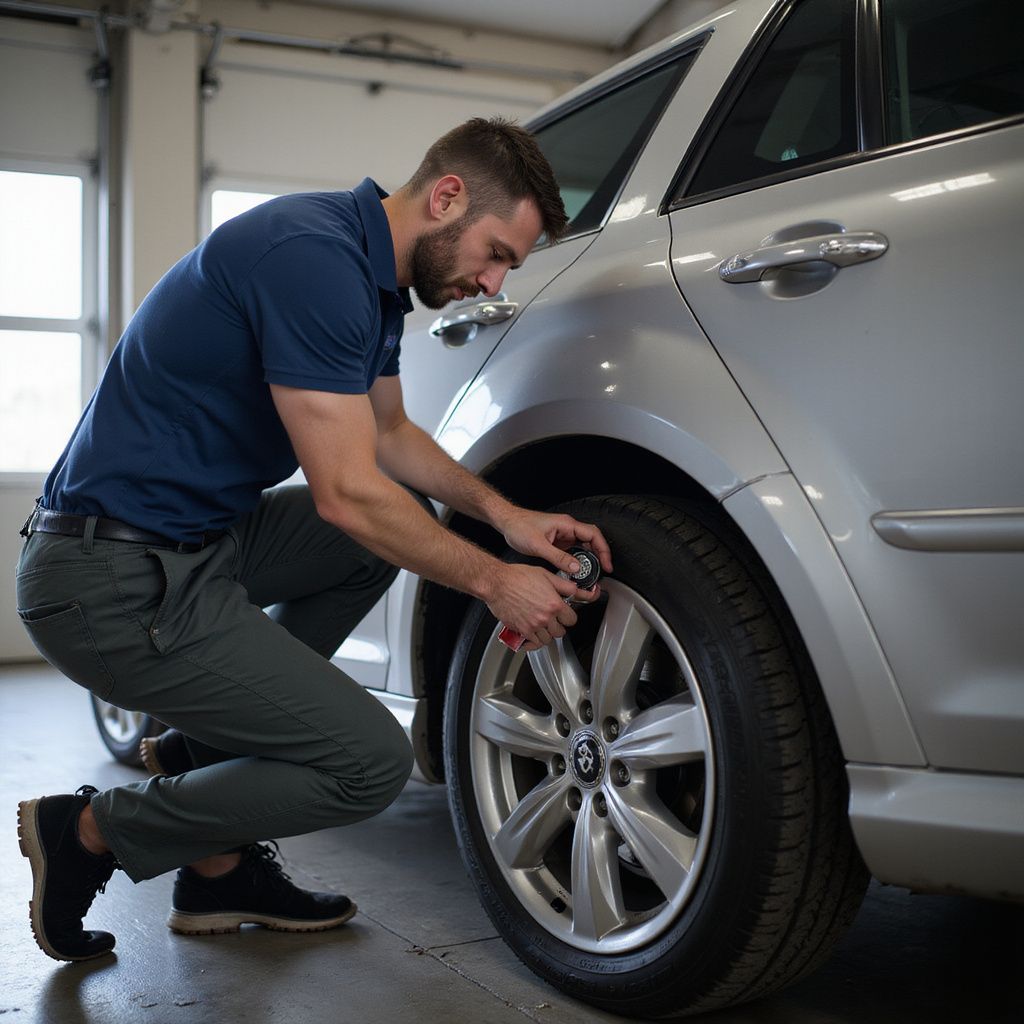 Man checking tire pressure on a silver car in a garage, wearing a blue shirt and green pants.