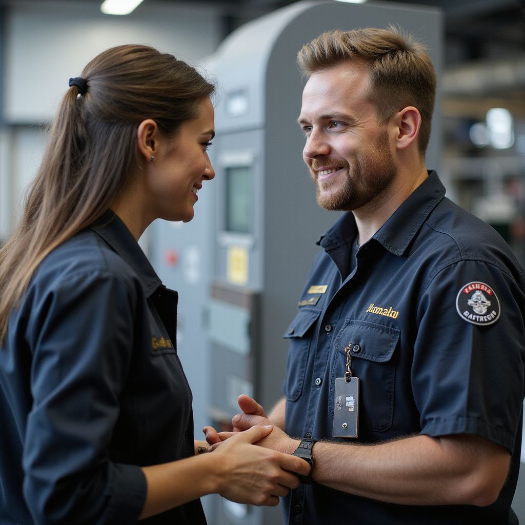 Woman and man in work uniforms smiling and talking. Industrial setting, machine in background.