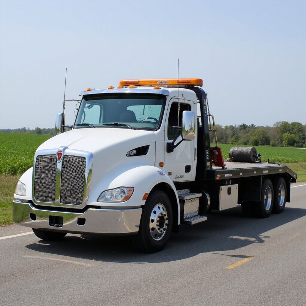 White tow truck on a paved road, orange light bar on the cab, parked near a field.