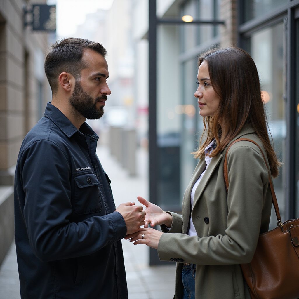 Man and woman talking on a city street; man is gesturing, woman is listening, neutral expressions.