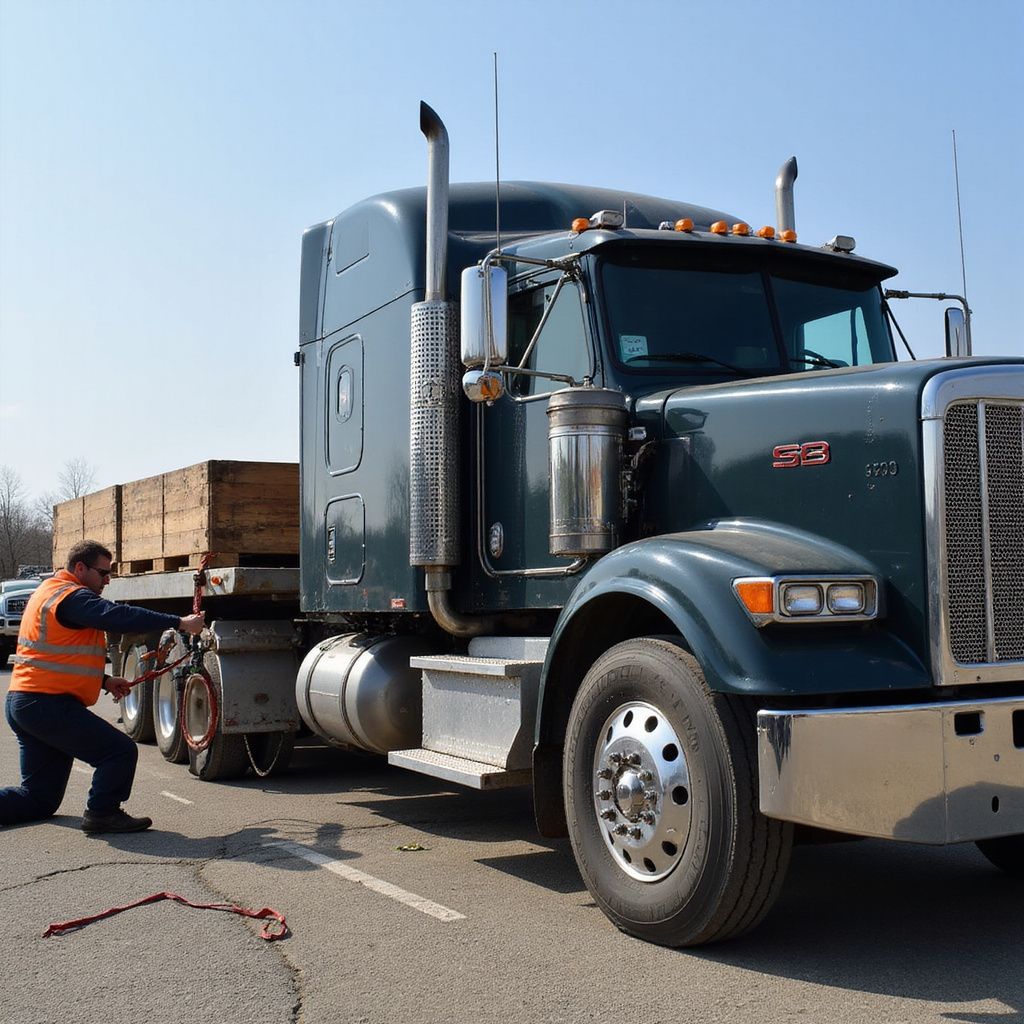 Man in orange vest securing cargo on a teal semi-truck in a parking lot.