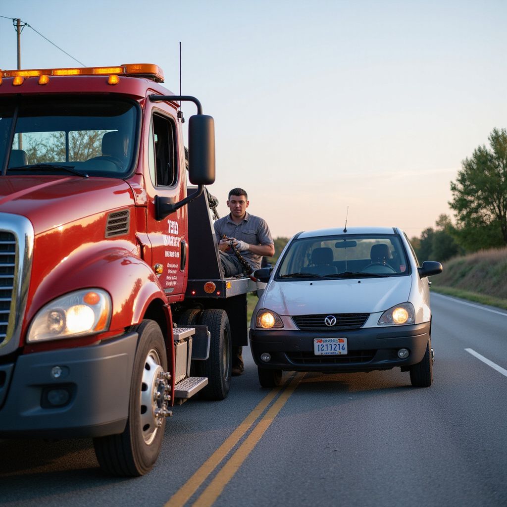 Tow truck driver attaching car to tow truck on a rural road at dusk.