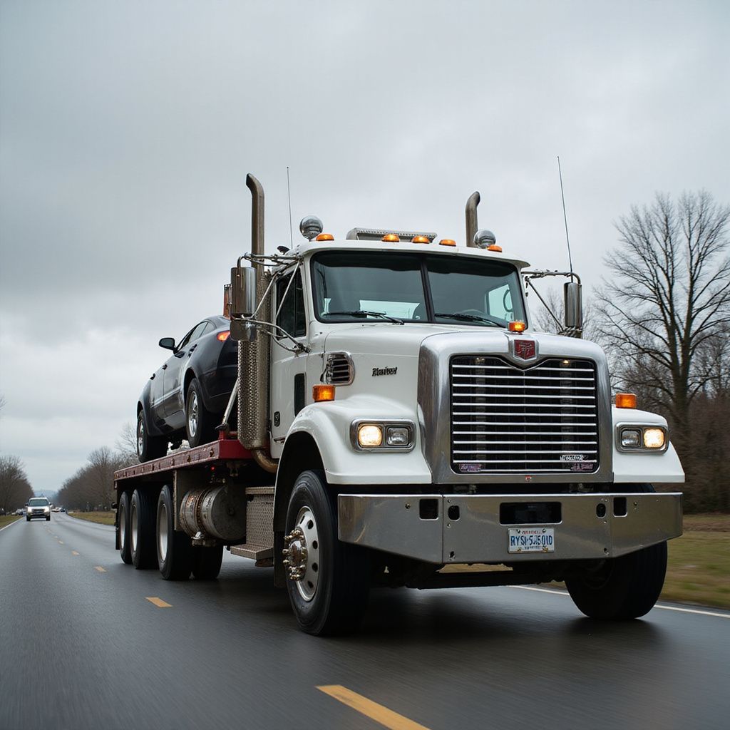 White semi-truck carrying a car on a flatbed trailer, driving on a wet road under a cloudy sky.