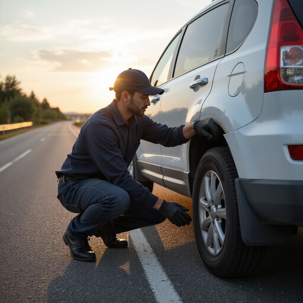 Person in dark shirt and cap changing a tire on a white SUV by the side of a road at sunset.