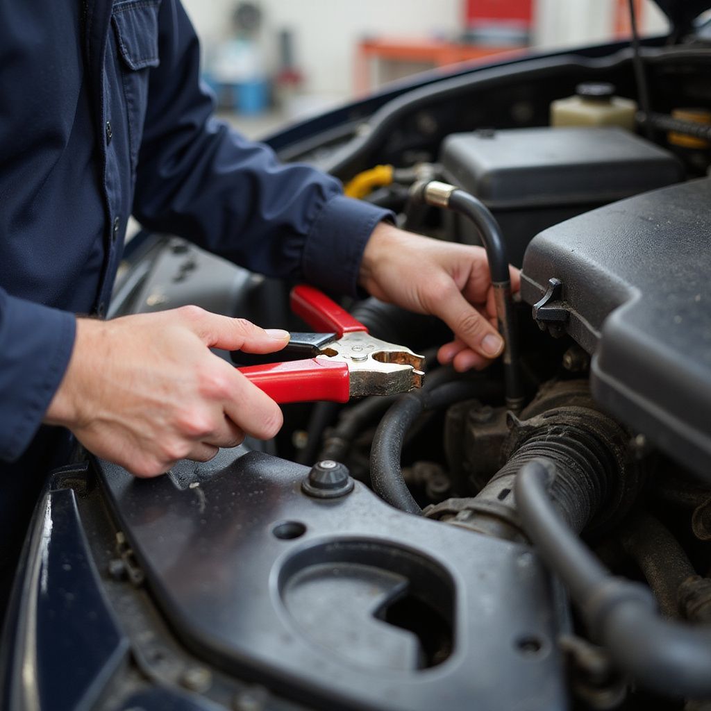 Mechanic attaching jumper cables to a car battery in a workshop.
