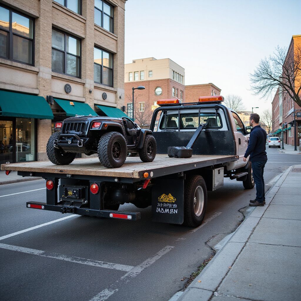 Tow truck with a toy truck on its flatbed; man stands near vehicle on city street.