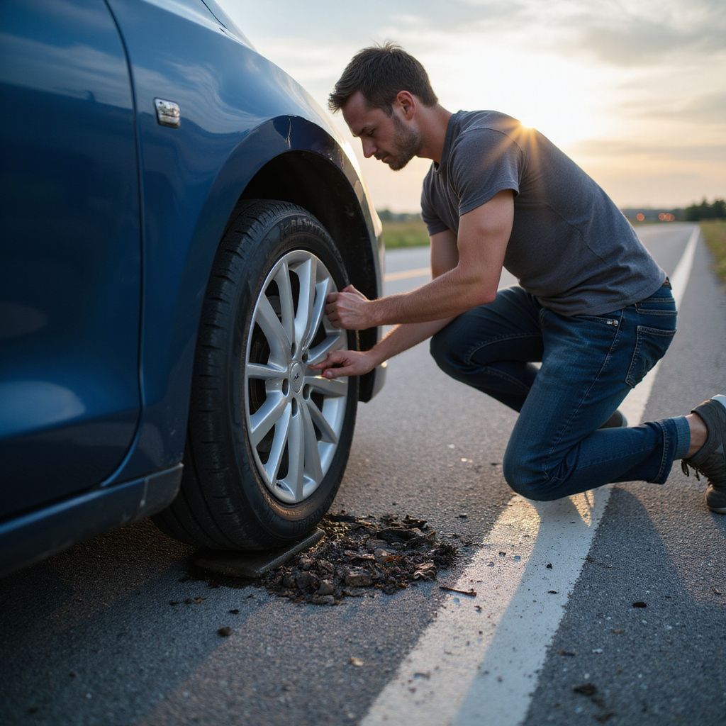 Man changing a car tire on the side of a road, with a blue car, kneeling.