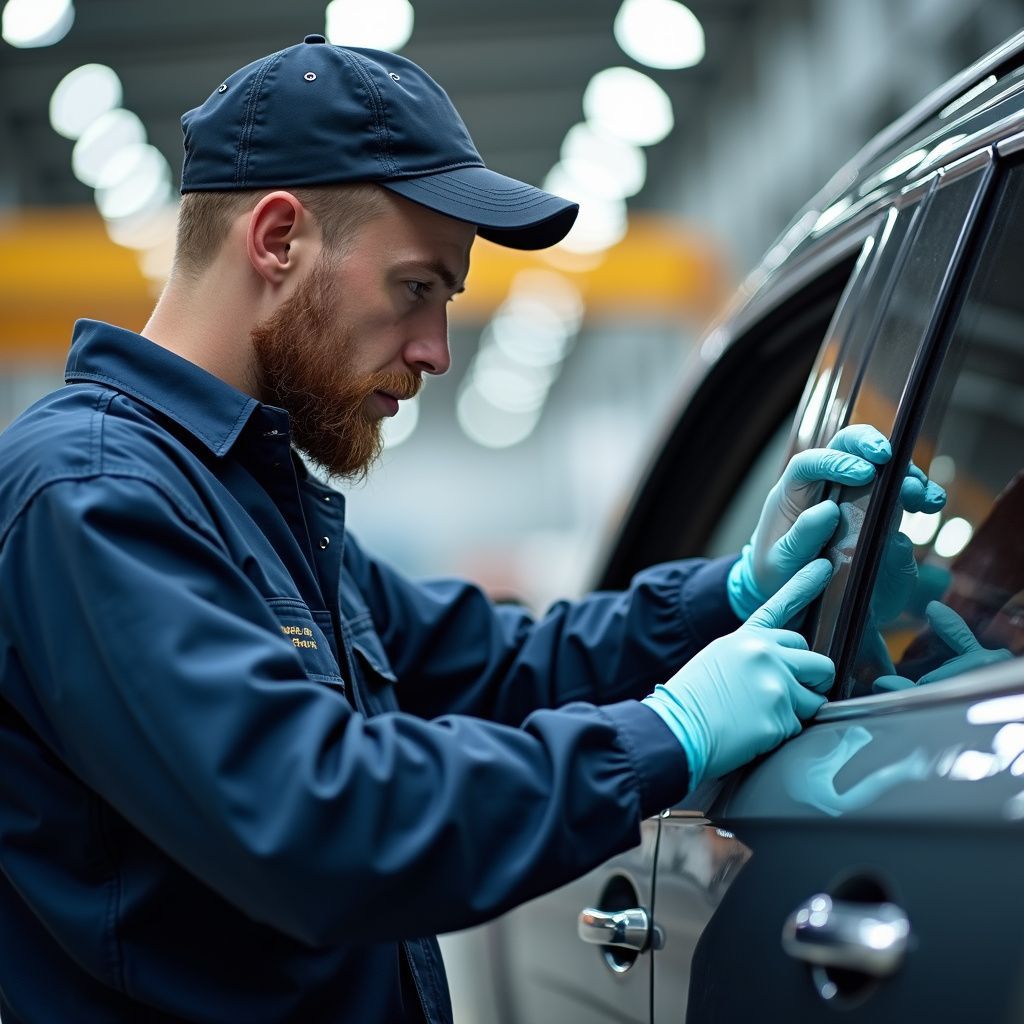 Mechanic in blue uniform and cap inspects a car window, wearing gloves in a workshop.