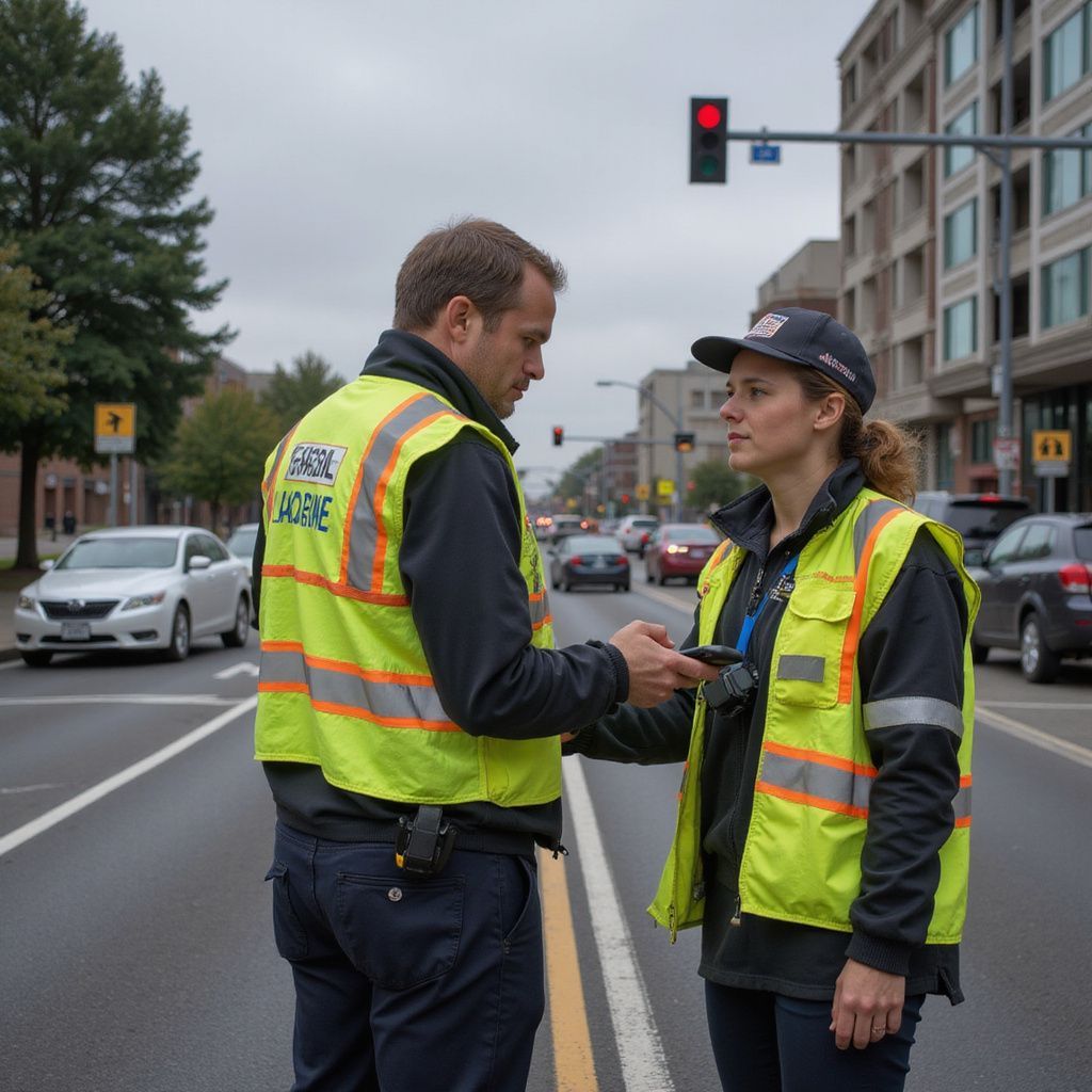Two people in reflective vests on a city street. One holds a device, the other looks on as traffic passes.