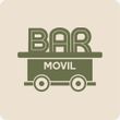Logotipo beige de un carrito de bar móvil verde con la etiqueta “BAR MOVIL” y dos ruedas.