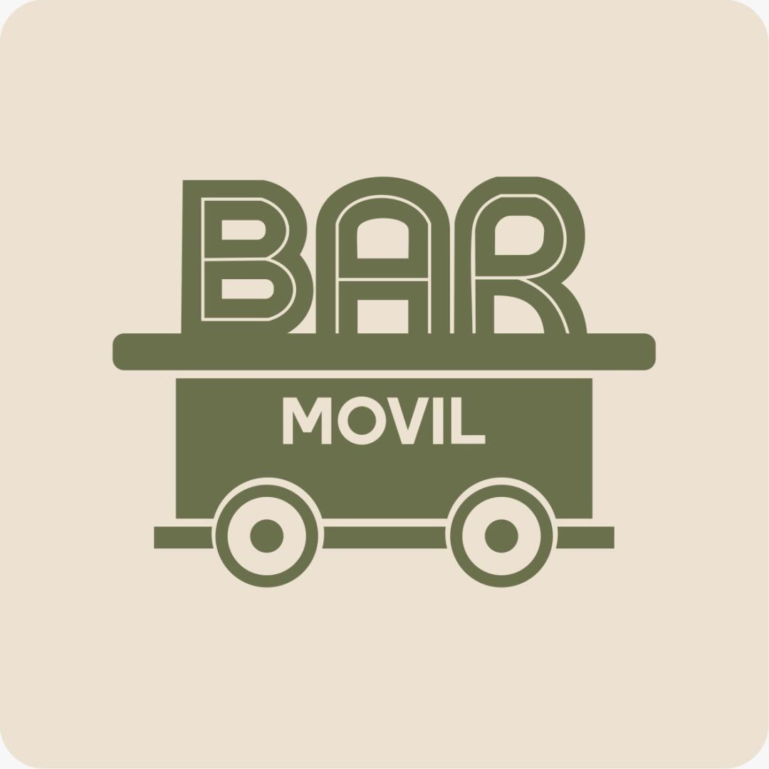 Logotipo beige de un carrito de bar móvil verde con la etiqueta “BAR MOVIL” y dos ruedas.