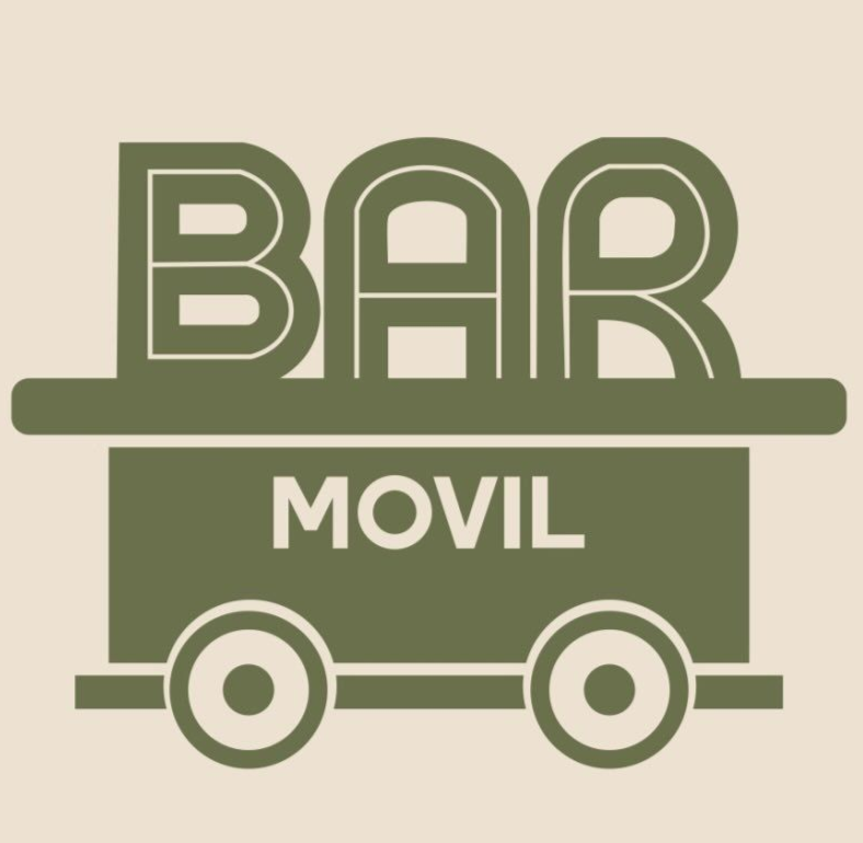 Logotipo beige con el texto verde “BAR MOVIL” sobre un icono de carrito con ruedas.