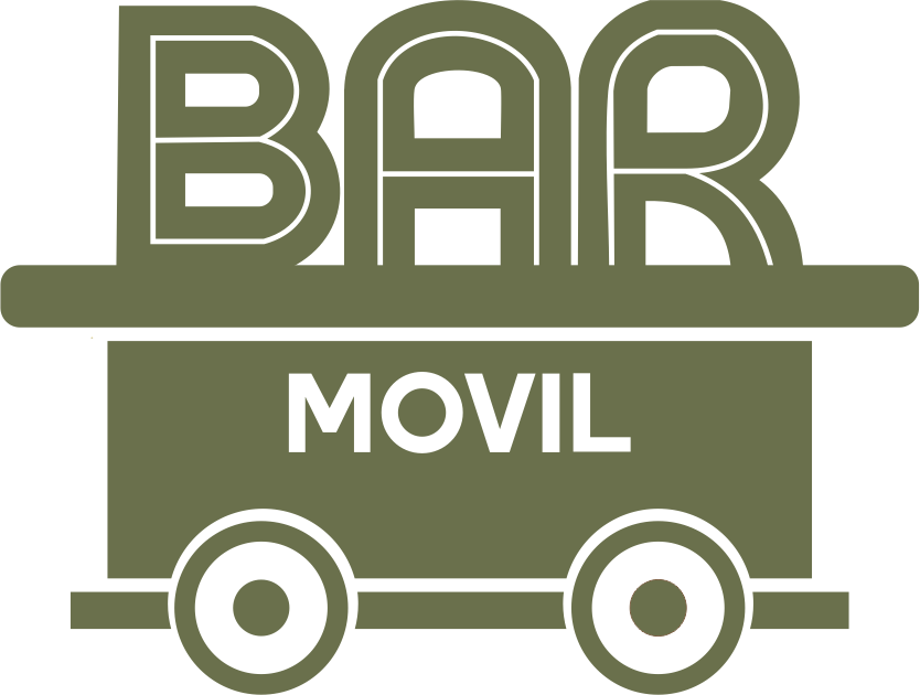 Logotipo beige de un carrito de bar móvil verde con la etiqueta “BAR MOVIL” y dos ruedas.