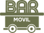 Logotipo beige de un carrito de bar móvil verde con la etiqueta “BAR MOVIL” y dos ruedas.