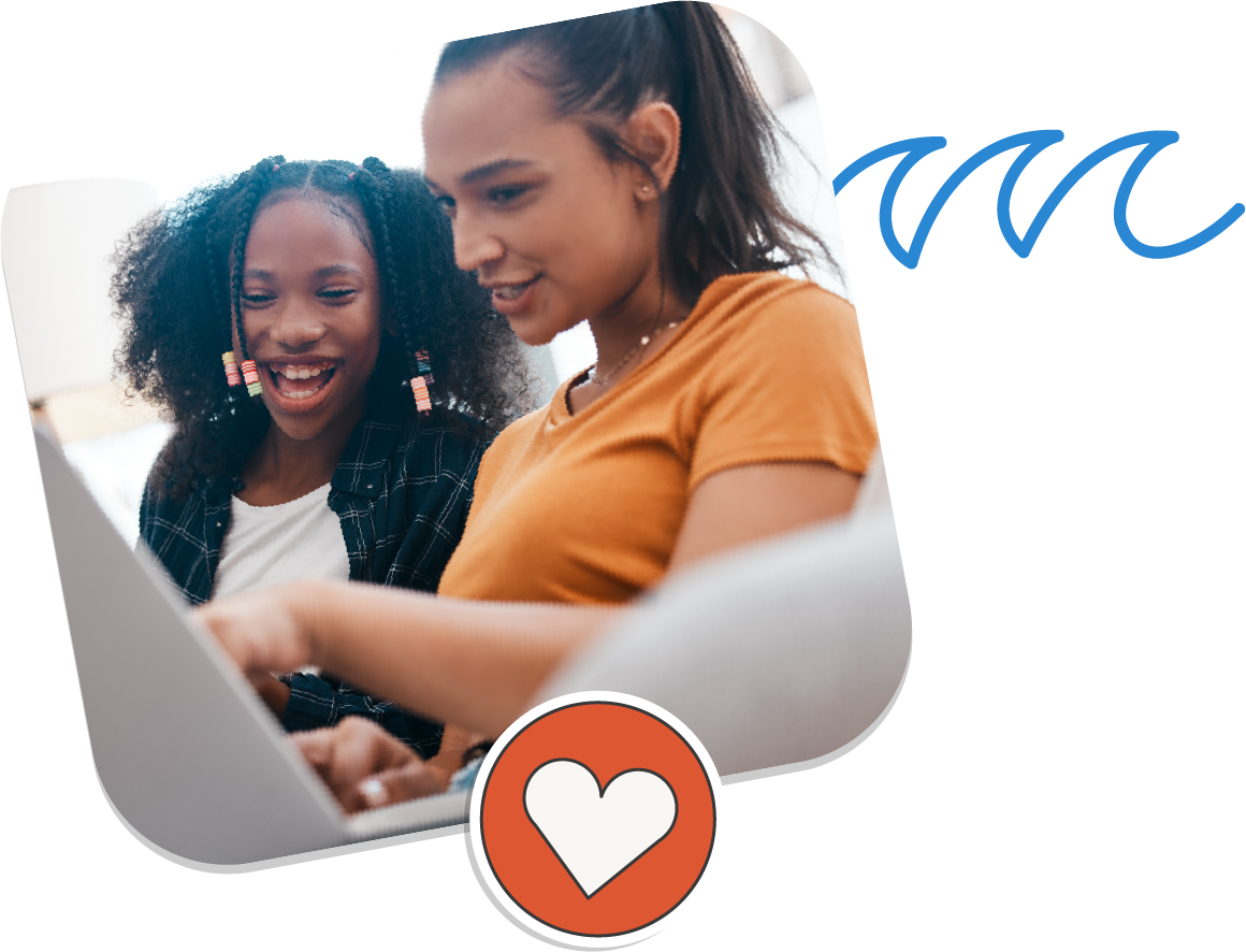 A woman and a teen girl are talking while looking at a laptop computer.