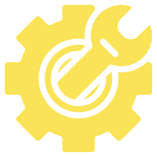 A yellow gear with a wrench inside of it.