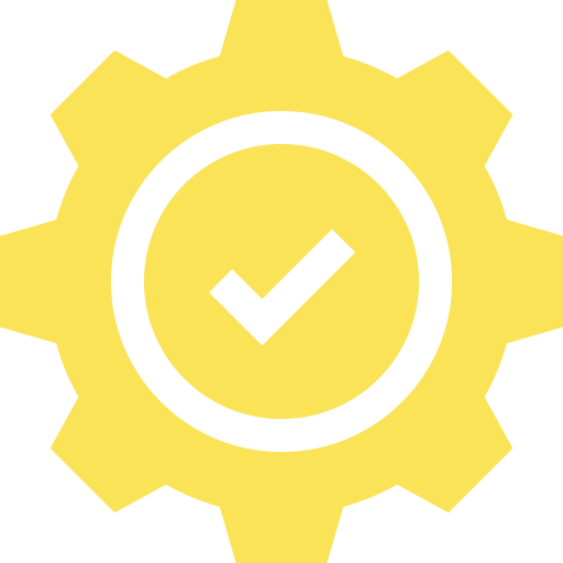 A yellow gear with a white check mark inside of it.