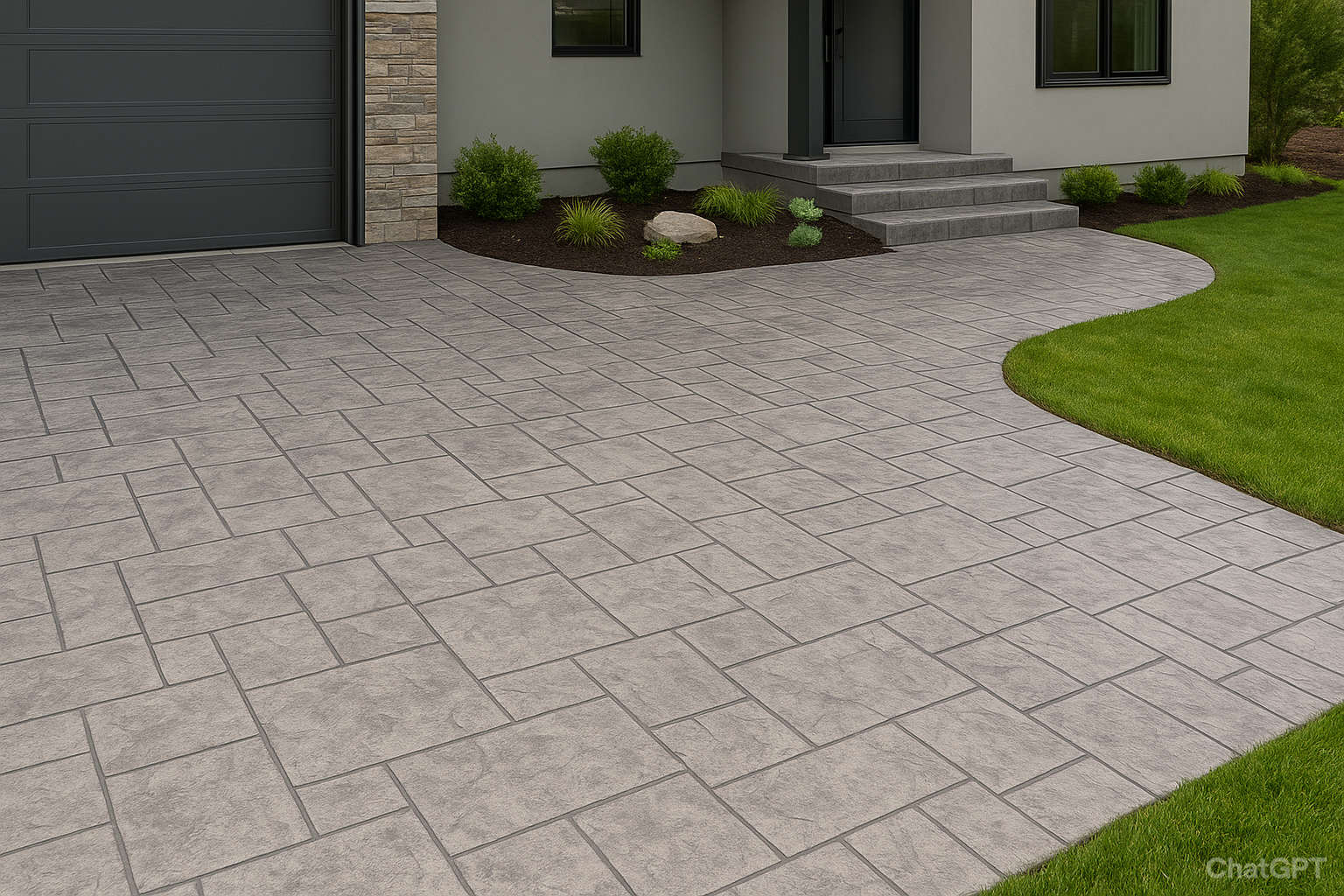 Modern stamped concrete driveway and patio design by Dallas Elite Concrete Pros