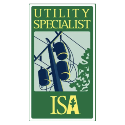 Sign with "UTILITY SPECIALIST ISA" text; depicts utility pole and equipment, green and yellow colors.