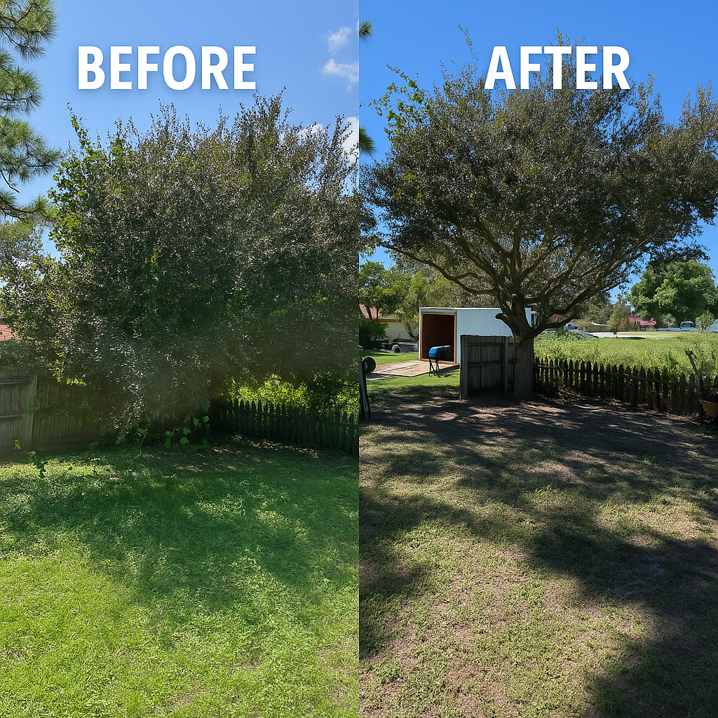 Before and after photos show a tree trimmed and a lawn cleared.