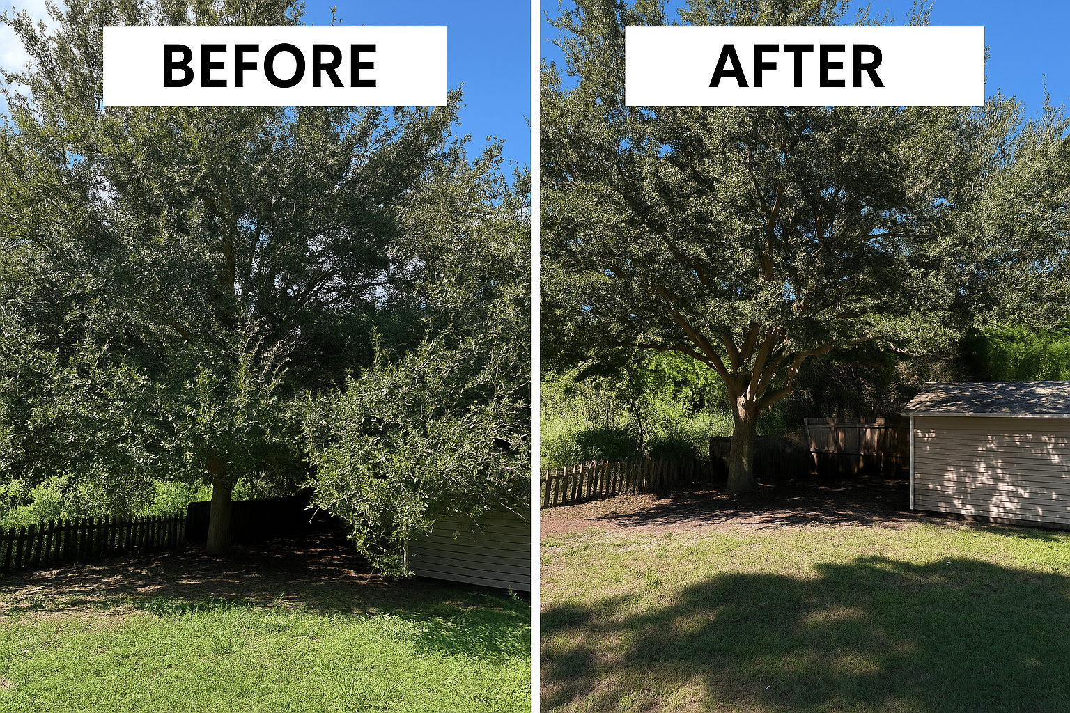 Comparison of a tree before and after trimming, showing a fuller tree before with a neater, more open appearance after.