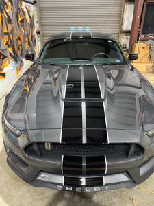 Dark gray Shelby Mustang with black racing stripes, parked inside a garage.