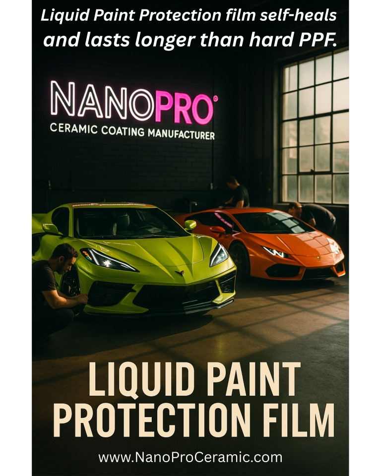 Advert for liquid paint protection film. Two sports cars, workers, NanoPro logo.