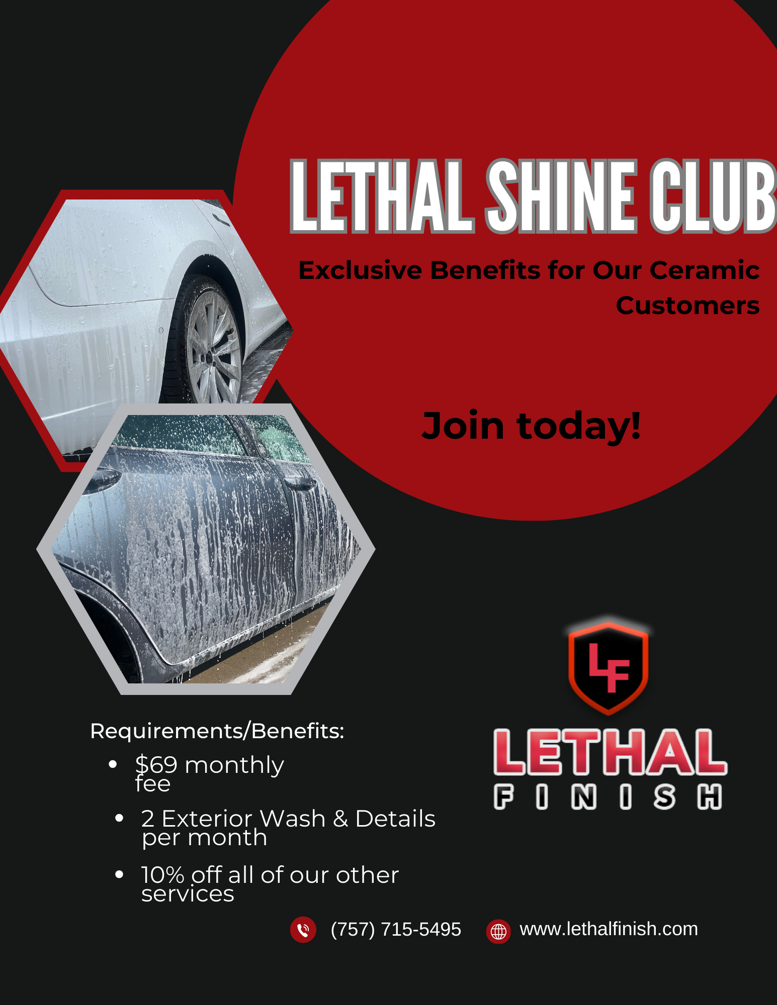Advertisement for Lethal Shine Club: includes car with soap, details on benefits, red and black color scheme.
