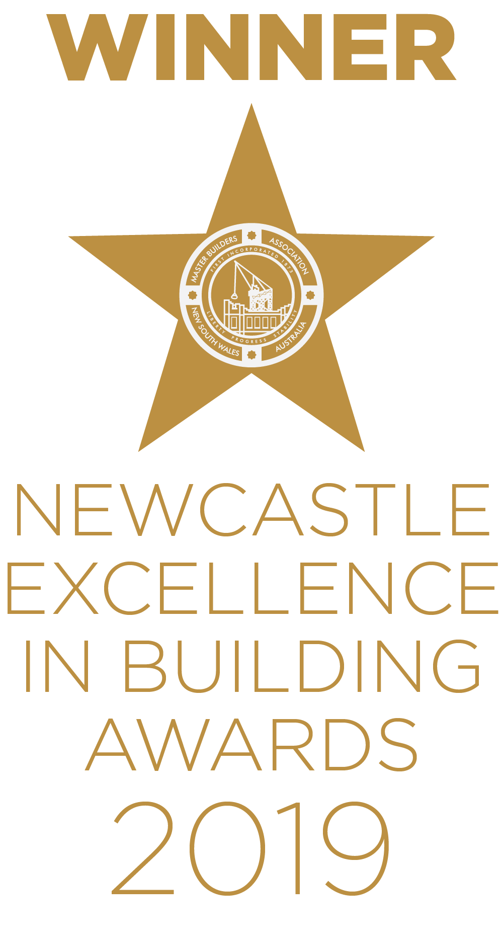 Gold award badge for the 2019 Newcastle Excellence in Building Awards. Star shape with winner text.