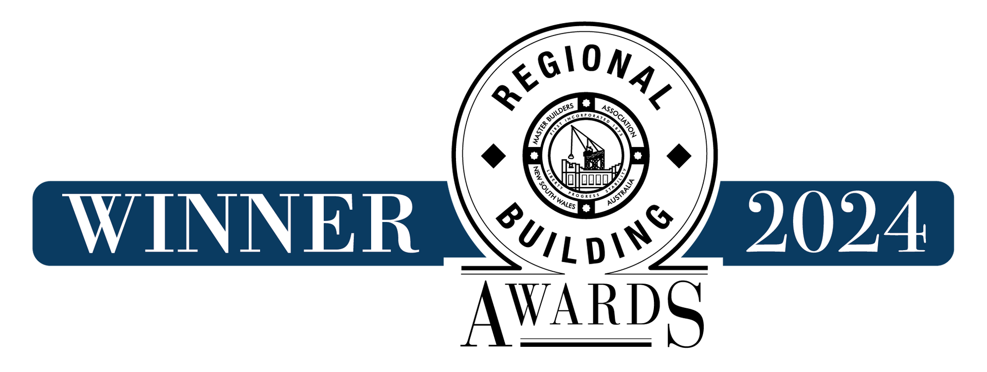 Winner of the Regional Building Awards 2024, navy blue banner with white text and award seal.