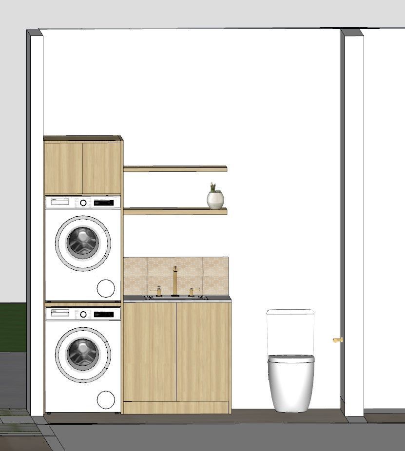 Laundry room with stacked washer/dryer, sink, shelves, and toilet. Light wood cabinets.