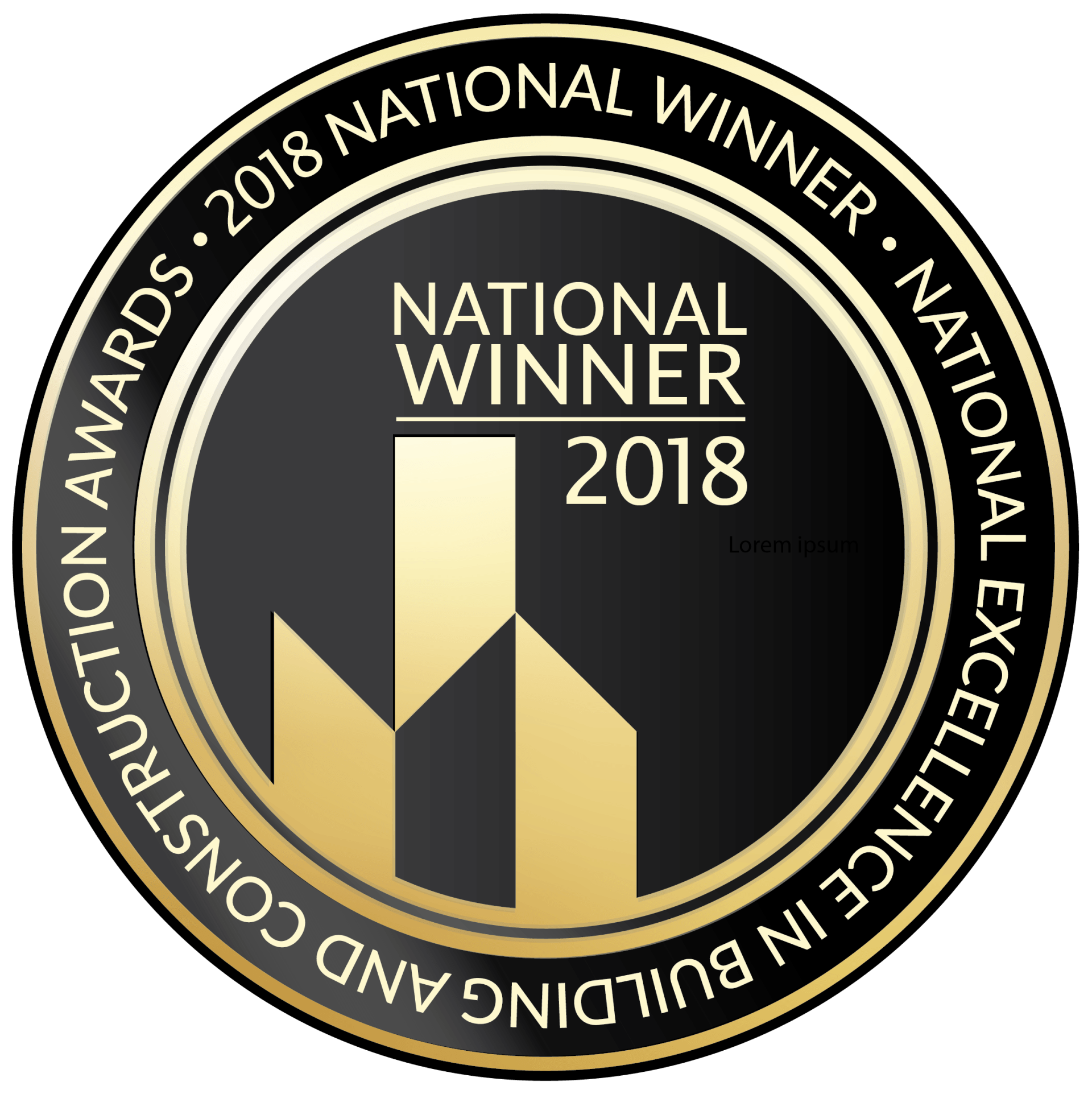 Award National Winner, 2018. Black and gold, depicting a building silhouette and