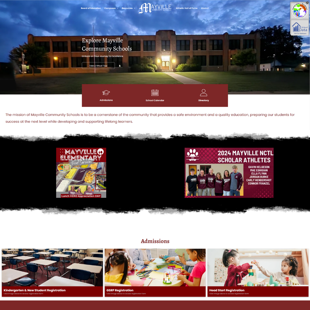 A website for a school with a picture of a building