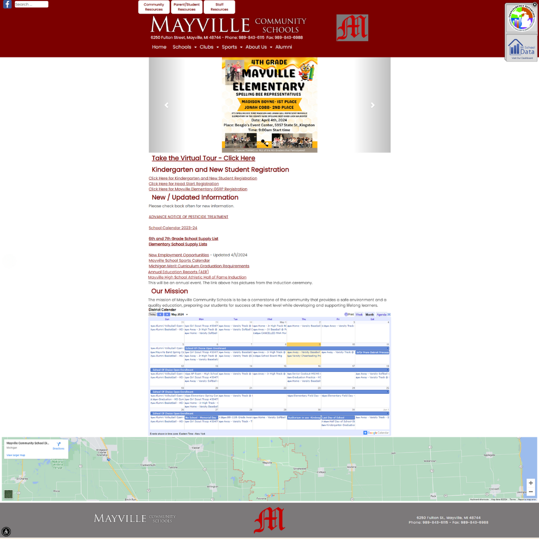 A screenshot of a website for mayville elementary school