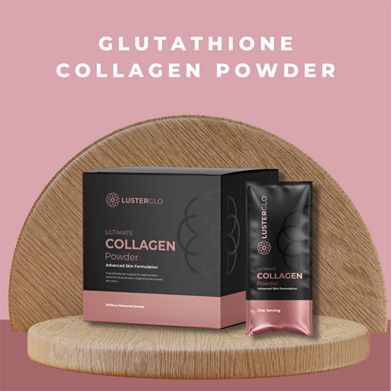 A box of glutathione collagen powder on a wooden podium