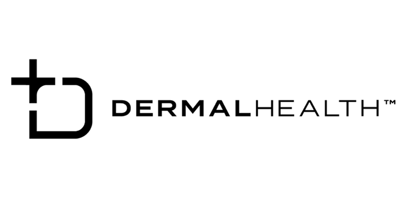 The logo for dermahealth is black and white and looks like a cross.