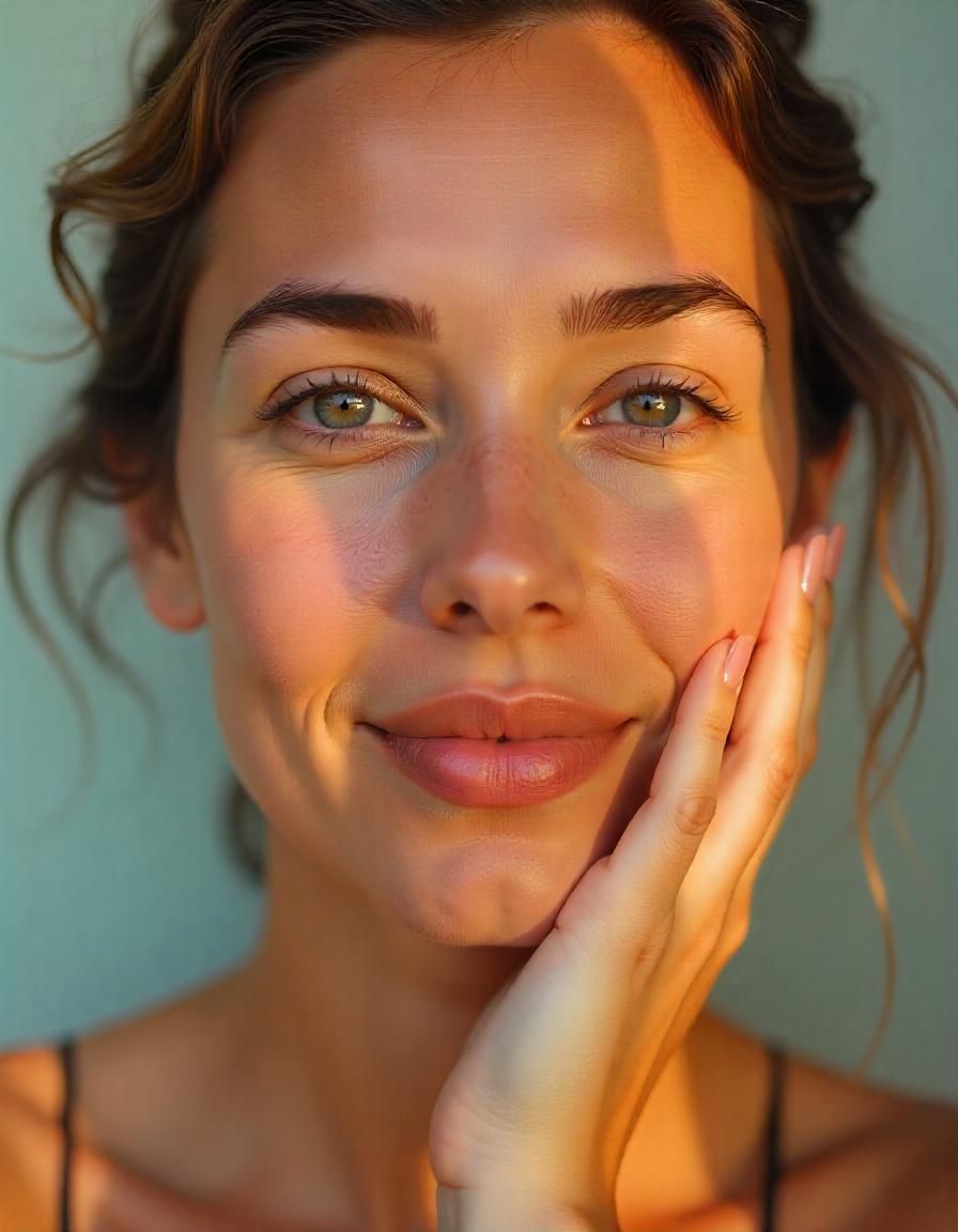 A close up of a woman 's face with her hand on her face