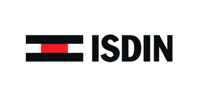 The isdin logo is black and red on a white background.