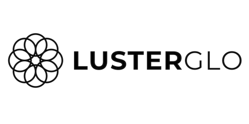 A black and white logo for lusterglo with a flower in the middle.