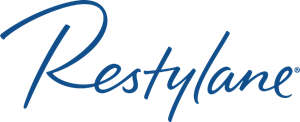 A blue logo for restylane on a white background.