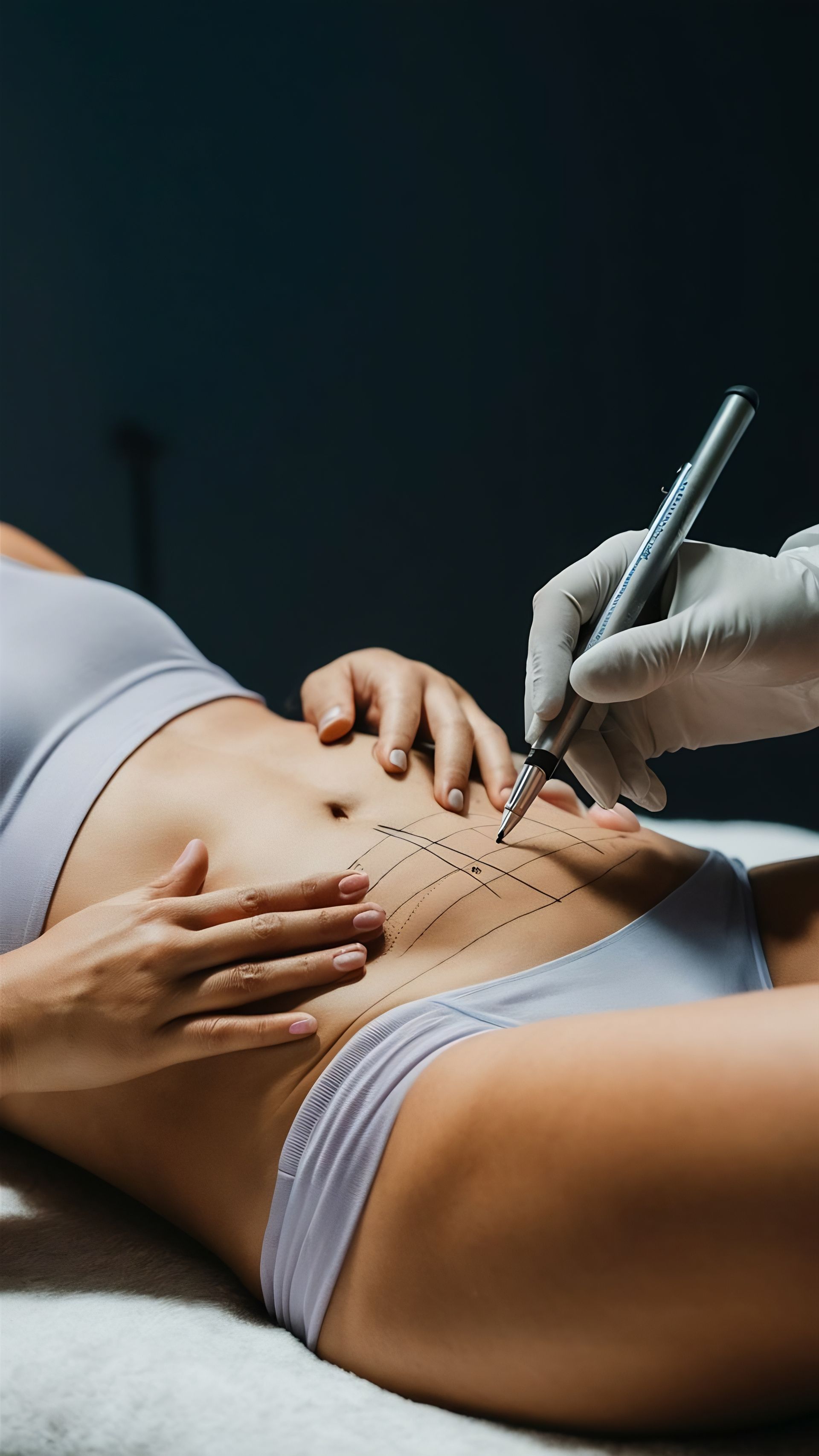 A woman is laying on a bed getting a tattoo on her stomach.