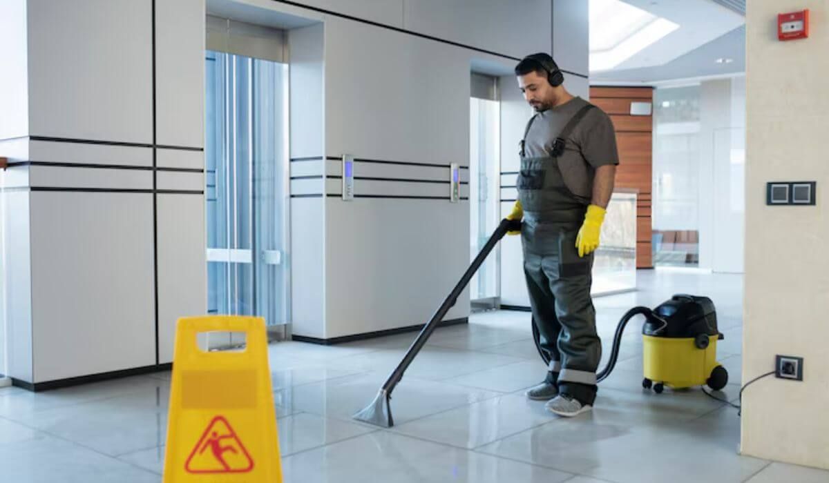 cleaner applying floor wax