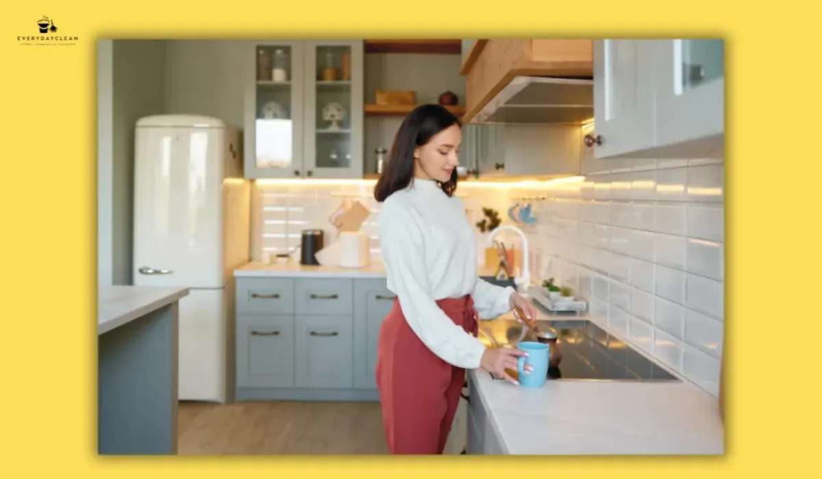 Cleaning key office kitchen areas including benches, sink, fridge and microwave