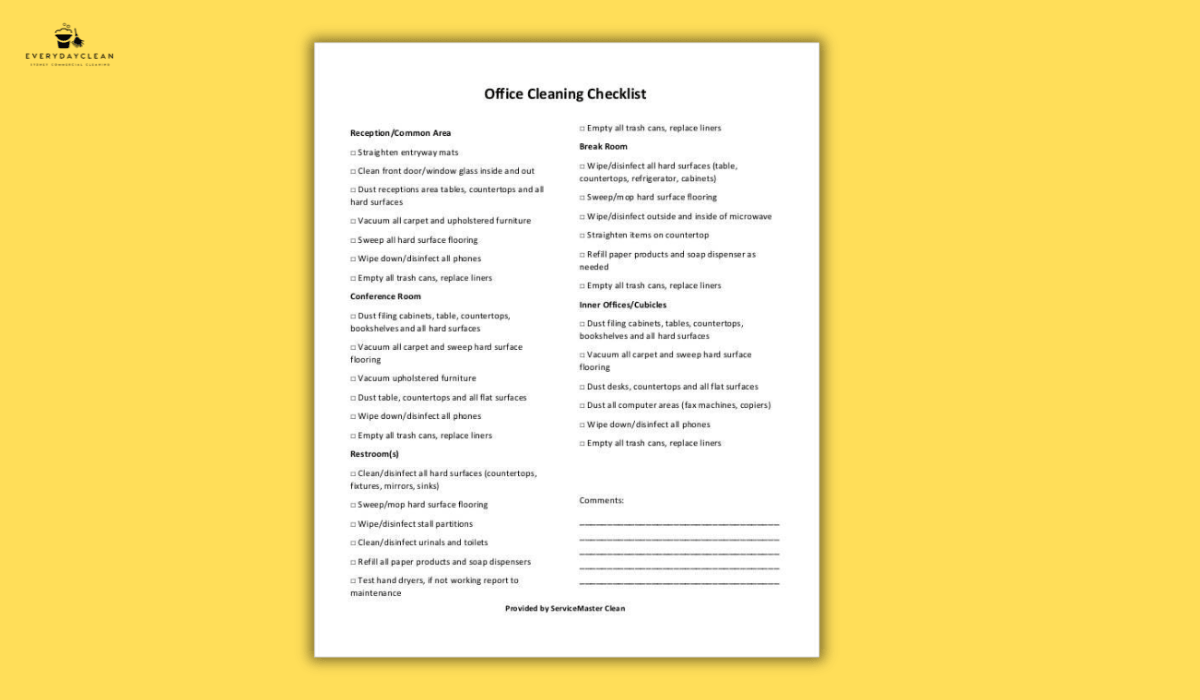 daily office cleaning task list organised by zones in office
