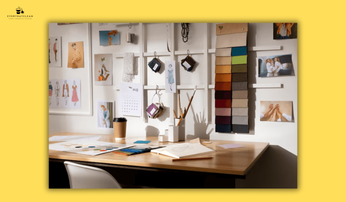 designer workspace papers and mood board